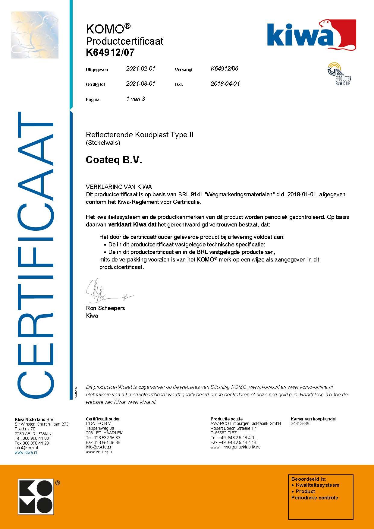 Certificaat Koudplast Type II - KOMO (K64912)