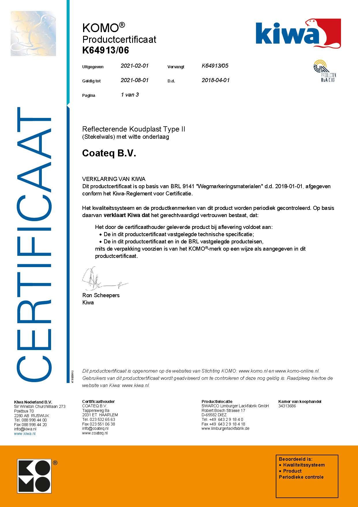 Certificaat Koudplast Type II - KOMO (K64913)
