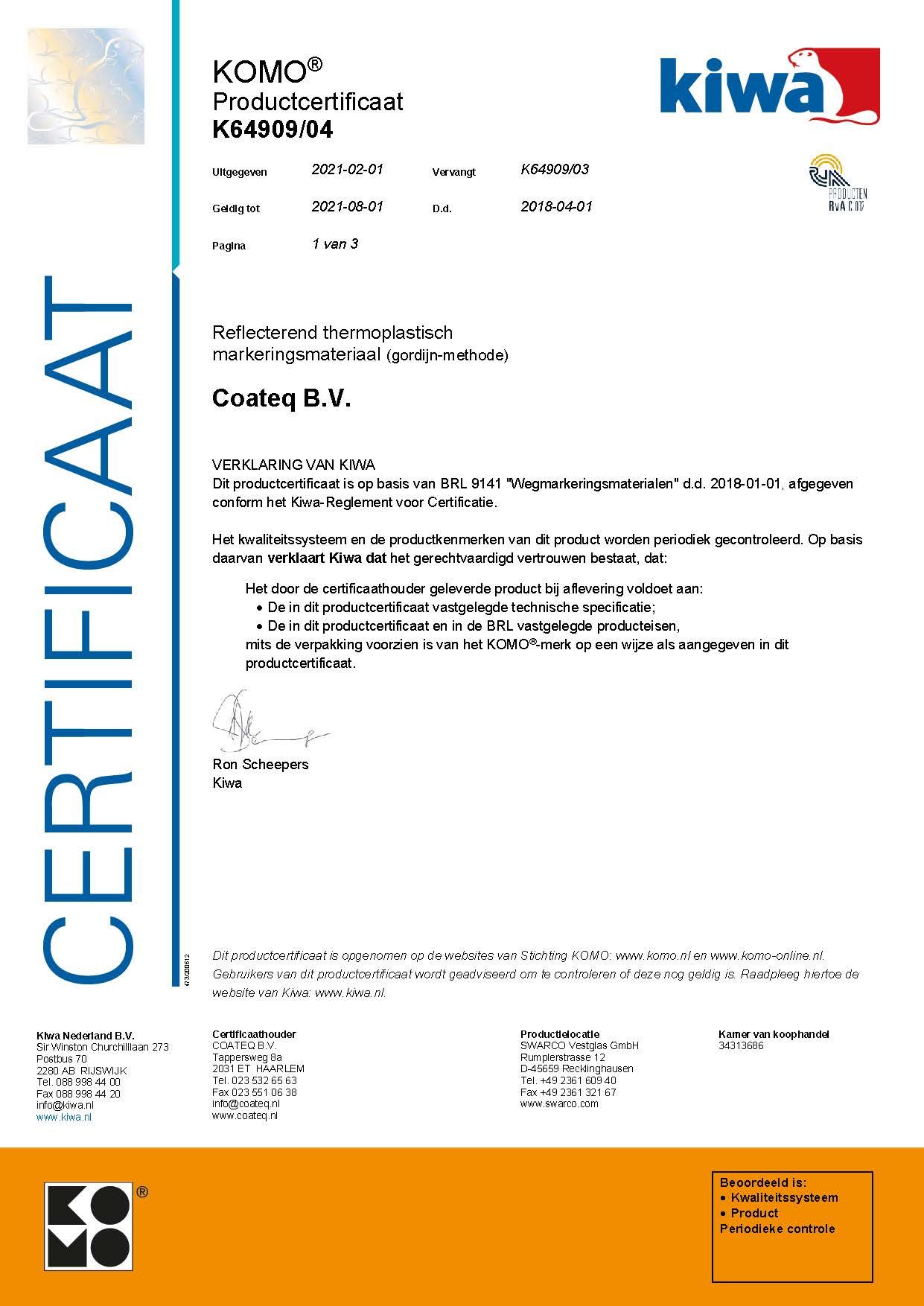 Certificaat Thermoplast - KOMO (64909) 