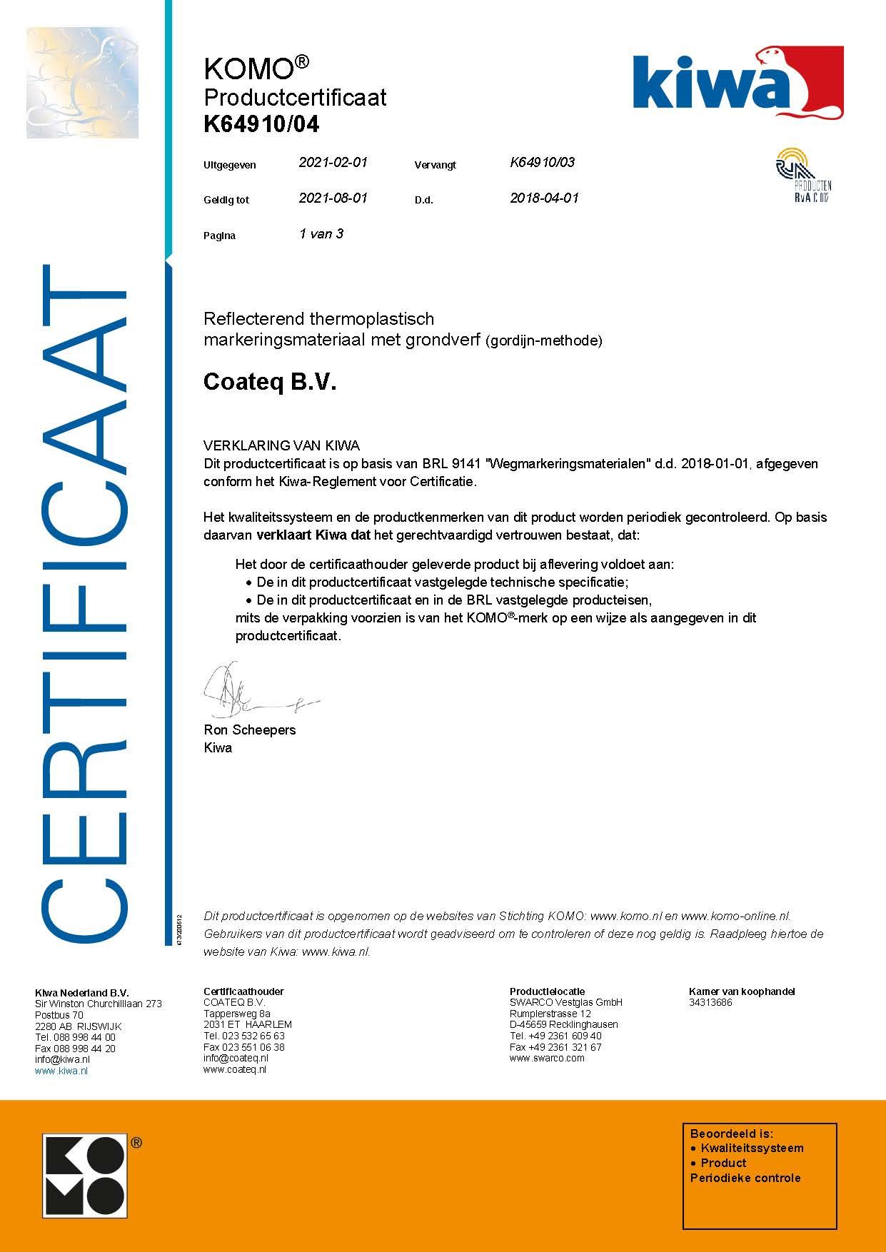 Certificaat Thermoplast - KOMO (K64910) 