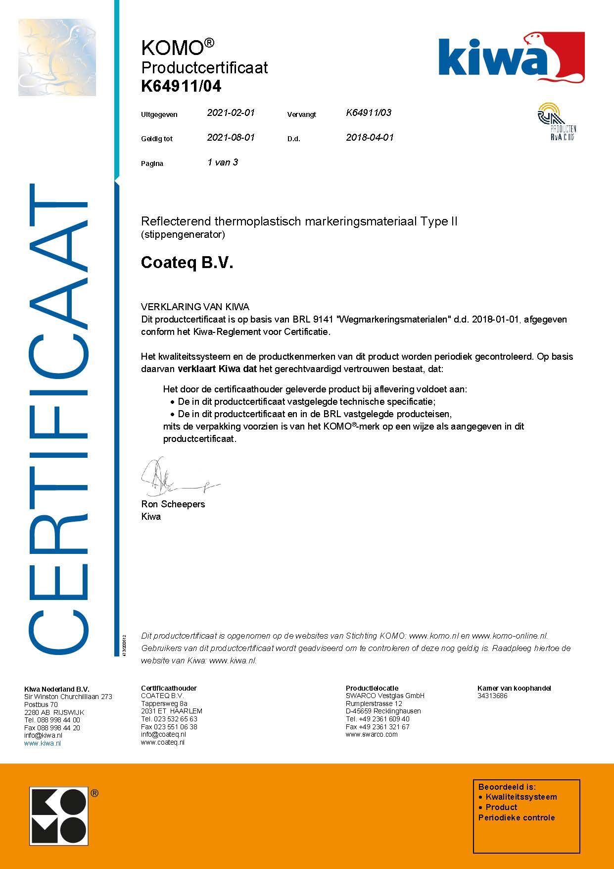 Certificaat Thermoplast - KOMO (K64911) 