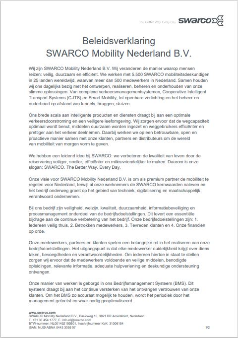 Beleidsverklaring SWARCO Mobility Nederland B.V.