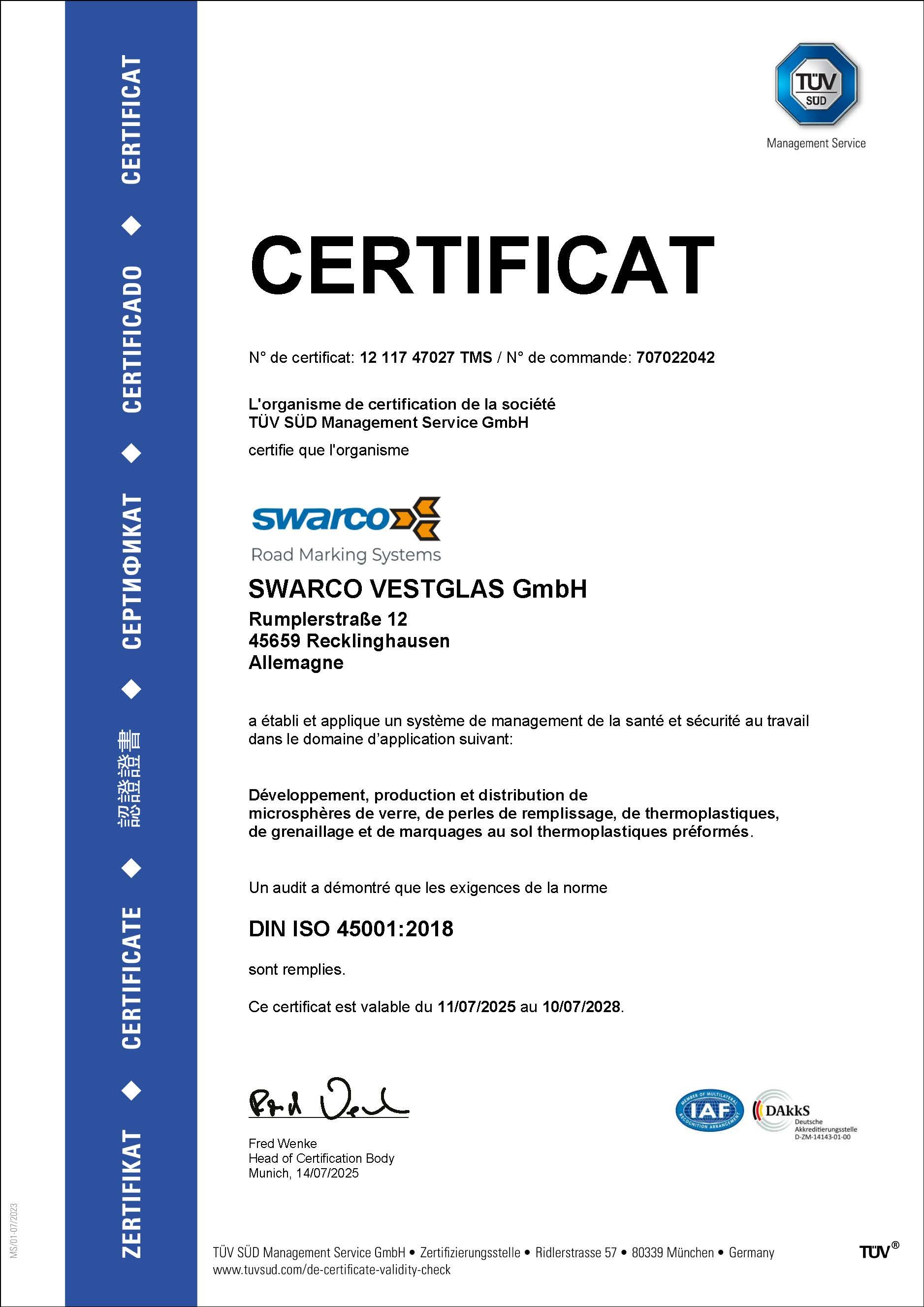ISO 45001 Certificat french