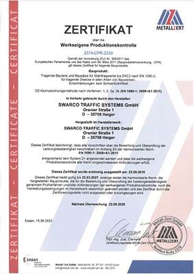 Zertifikat EN 1090-1 Stahl-Schilderbrücken